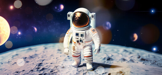 immagine primo piano di astronauta nella tuta spaziale sulla superficie di una luna aliena, spazio scuro e pianeti sullo sfondo - obrazy, fototapety, plakaty