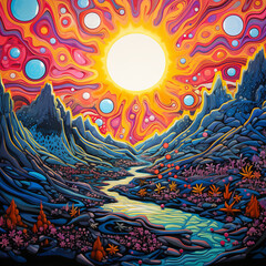 RIver through mountain valley landscape in vibrant psychedelic colors of 1960's vintage hippy pop art.