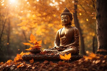 buddha statue in autumn forest fly orange leaves. ai generative