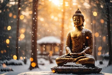  buddha statue in snow forest fly snow glow particles. ai generative © Anna