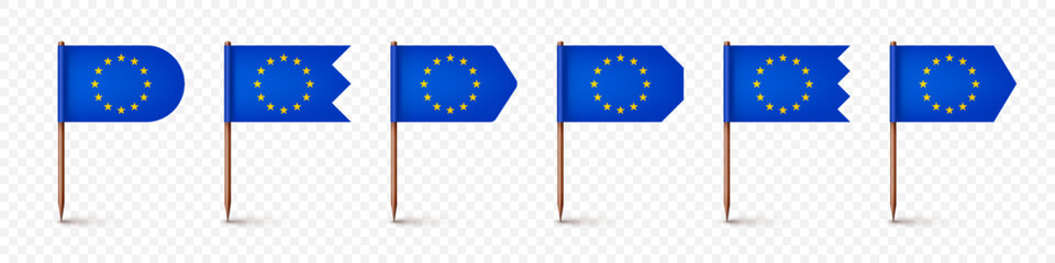 Realistic various European toothpick flags. Souvenir from Europe. Wooden toothpicks with paper flag. Location mark, map pointer. Blank mockup for advertising and promotions. Vector illustration