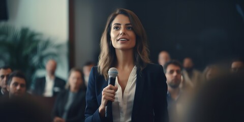 At a seminar, a confident businesswoman delivers a corporate presentation. Generative Ai. - obrazy, fototapety, plakaty