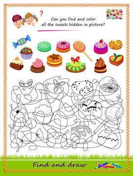 Educational page for little children. Can you find and color all the sweets hidden in picture? Logic puzzle game. Coloring book. Worksheet for kids school textbook. Vector cartoon illustration.