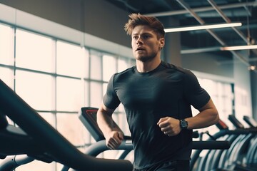 Fototapeta na wymiar Young man in sportswear running on treadmill at gym, man workout in gym healthy lifestyle