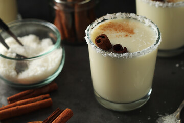 Two glasses with traditional Puerto Rico cocktail Coquito