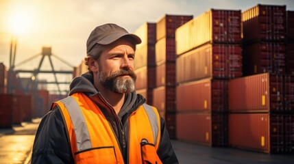 In a container yard in front of shipping containers, a logistics coordinator manages port operations, ensuring cargo delivery is timely and efficient
