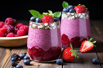 Layered berry and chia seeds smoothies