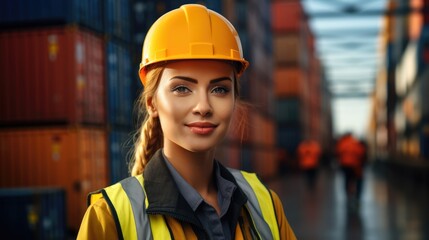 In a container yard in front of shipping containers, a logistics coordinator manages port operations, ensuring cargo delivery is timely and efficient