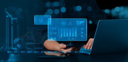Bull market candlestick chart and bar graph with auto trading computer coding artificial intelligence technology, AI trading. 3D futuristic finance stock exchange market chart.