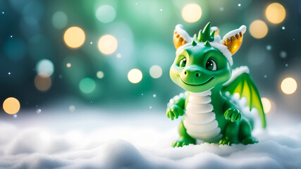 Cute smiling green dragon on a light blurred bokeh background. Winter holidays, Chinese New Year 2024 greeting card concept for design with space for text. Generative AI - obrazy, fototapety, plakaty