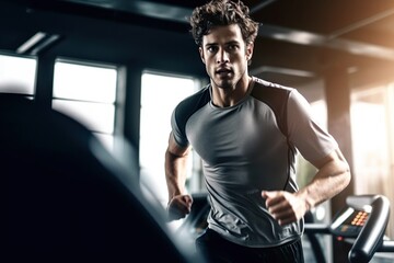 Young man in sportswear running on treadmill at gym, man workout in gym healthy lifestyle