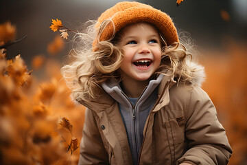 happy little child, baby girl laughing and playing in autumn
