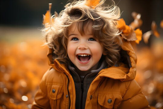 happy little child, baby girl laughing and playing in autumn
