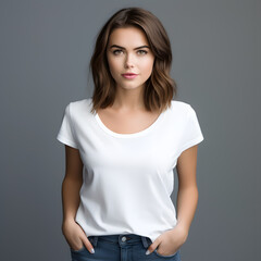 Obraz premium Young beautiful brunette woman model in white t-shirt and jeanse posing on light grey background