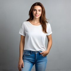 Young beautiful brunette woman model in white t-shirt and jeanse posing on light grey background