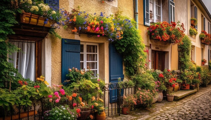 Fototapeta na wymiar Rustic French cottage with vibrant flower pots and yellow shutters generated by AI