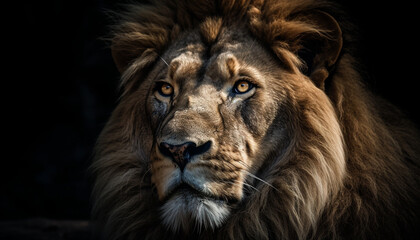 Fototapeta premium Majestic lioness staring at camera in African wilderness reserve generated by AI