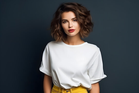 Young beautiful brunette woman model in white t-shirt and jeanse posing on light grey background