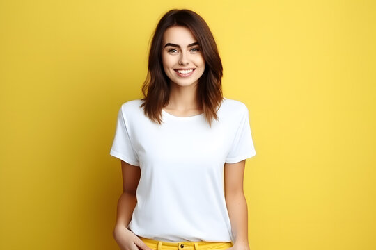 Young beautiful brunette woman model in white t-shirt and jeanse posing on light yellow background