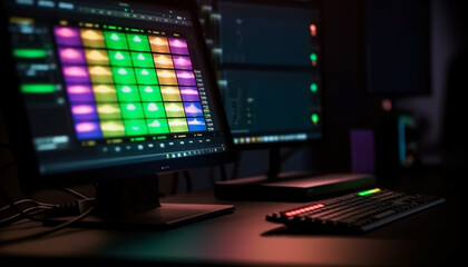 Modern computer lab with green lighting equipment and futuristic technology generated by AI