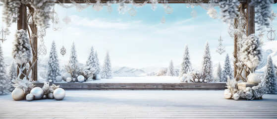 Christmas, Winter mockup with snowy nature landscape. banner with terrace, copyspace. Outdoor patio, park template with Christmas decorations.New Year Holidays background. Generative ai