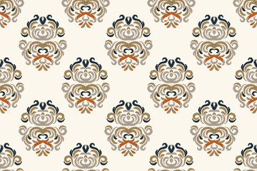 Ikat Damask Paisley Embroidery Background. Ikat Frame Geometric Ethnic Oriental Pattern traditional.aztec Style Abstract Vector illustration.design for Texture,fabric,clothing,wrapping,sarong.