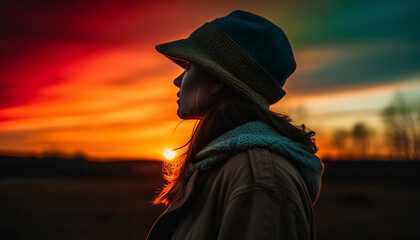 Fototapeta premium One young woman smiling, backlit by sunset in nature generated by AI