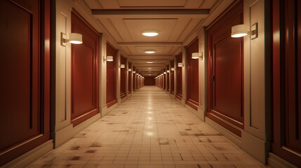 Vue en perspective d'un couloir rouge et blanc vide, généré par IA