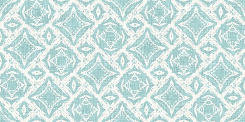 Aqua teal blue white vibrant watercolor batik azulejos tile border banner background. Seamless coastal blur linen effect geometric mosaic effect.Boho Patchwork nautical masculine summer ribbon trim. 
