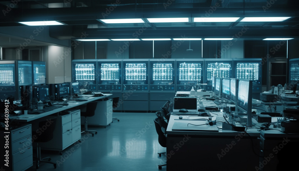 Aufkleber modern computer lab with empty seats and bright blue lighting generated by ai