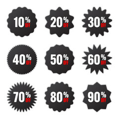 Price tags collection, special offer or shopping discount label with percent, discount percentage value. Black retail paper sticker. Promotional sale badge. Vector illustration