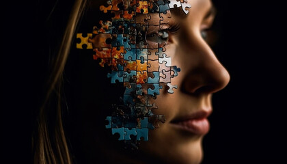 Young adults connect jigsaw pieces for abstract business strategy solution generated by AI