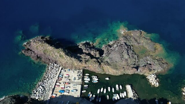 Europe, Italy, Framura is a little sea village in Liguria close to 5 terre ( five island )  - drone aerial view of mediterranean coast - natural harbour and beach 