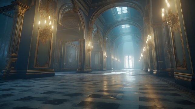 Vue en perspective d'un couloir  d'un palais vide, généré par IA
