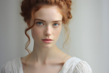 Portrait of  beautiful young woman with red hair and freckles