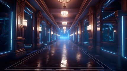 Vue en perspective d'un couloir futuriste  vide, g&eacute;n&eacute;r&eacute; par IA