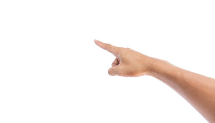 Man's hand pointing towards empty space isolated on white background. Clipping Path