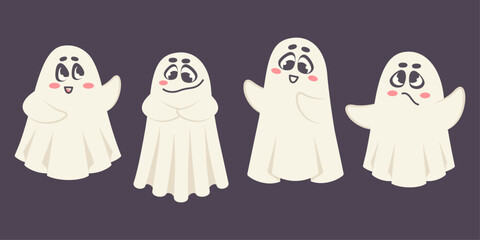 Cute Hand drawn doodle ghosts isolated. Set of Halloween funny phantom characters with different emotions.Comic monsters with facial expressions. Vector cartoon illustration for Halloween party