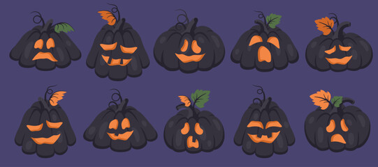 Halloween pumpkin. Set of creepy Hand drawn characters with different emotions and faces. Black angry monsters. Vector cartoon illustration for Halloween party, holiday decotation, celebration design