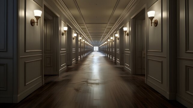 Vue en perspective d'un couloir  d'hotel vide, généré par IA