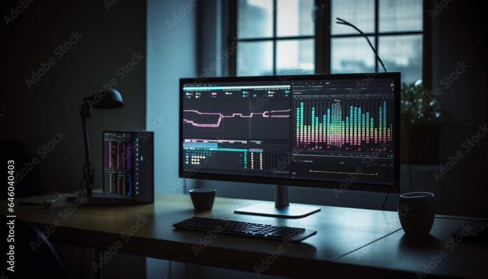 Poster modern office desk with computer equipment analyzing healthcare data digitally generated by ai