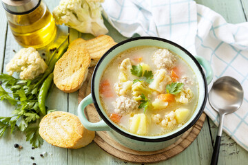 Low carb healthy eating. Cauliflower soup with chicken meatballs and vegetables on a wooden rustic...