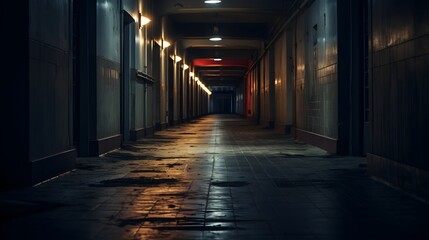 Vue en perspective d'un couloir sombre délabré et vide, généré par IA - obrazy, fototapety, plakaty