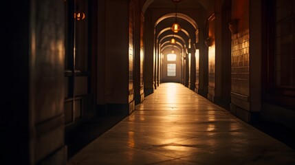 Fototapeta premium Vue en perspective d'un couloir vide vers une fenêtre, généré par IA