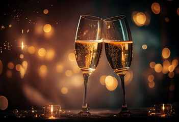 Two glasses of sparkling white champagne stand against the background of sparklers and confetti during the celebration of Christmas. AI Generated
