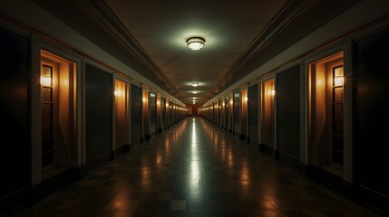 Vue en perspective d'un couloir sombre vide, généré par IA
