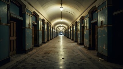 Vue en perspective d'un couloir d'un ancienne école vide, généré par IA