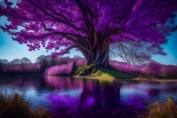 scenery, concept, a giant tree next to a river of purple water, blue sky, masterpiece, best quality, intricate detail, absurd res, chromatic aberration - AI Generative