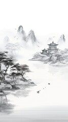 Impression Chinese painting style landscape. Asian traditional culture illustration drawing Photo AI generated ratio 9:16
