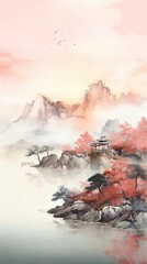 Impression Chinese painting style landscape. Asian traditional culture illustration drawing Photo AI generated ratio 9:16
